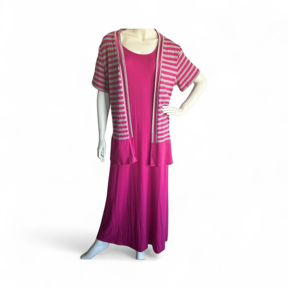 Antthony Originals 2-Piece Maxi Dress & Cardigan Set Pink Gray Striped Large NWT - Picture 2 of 14